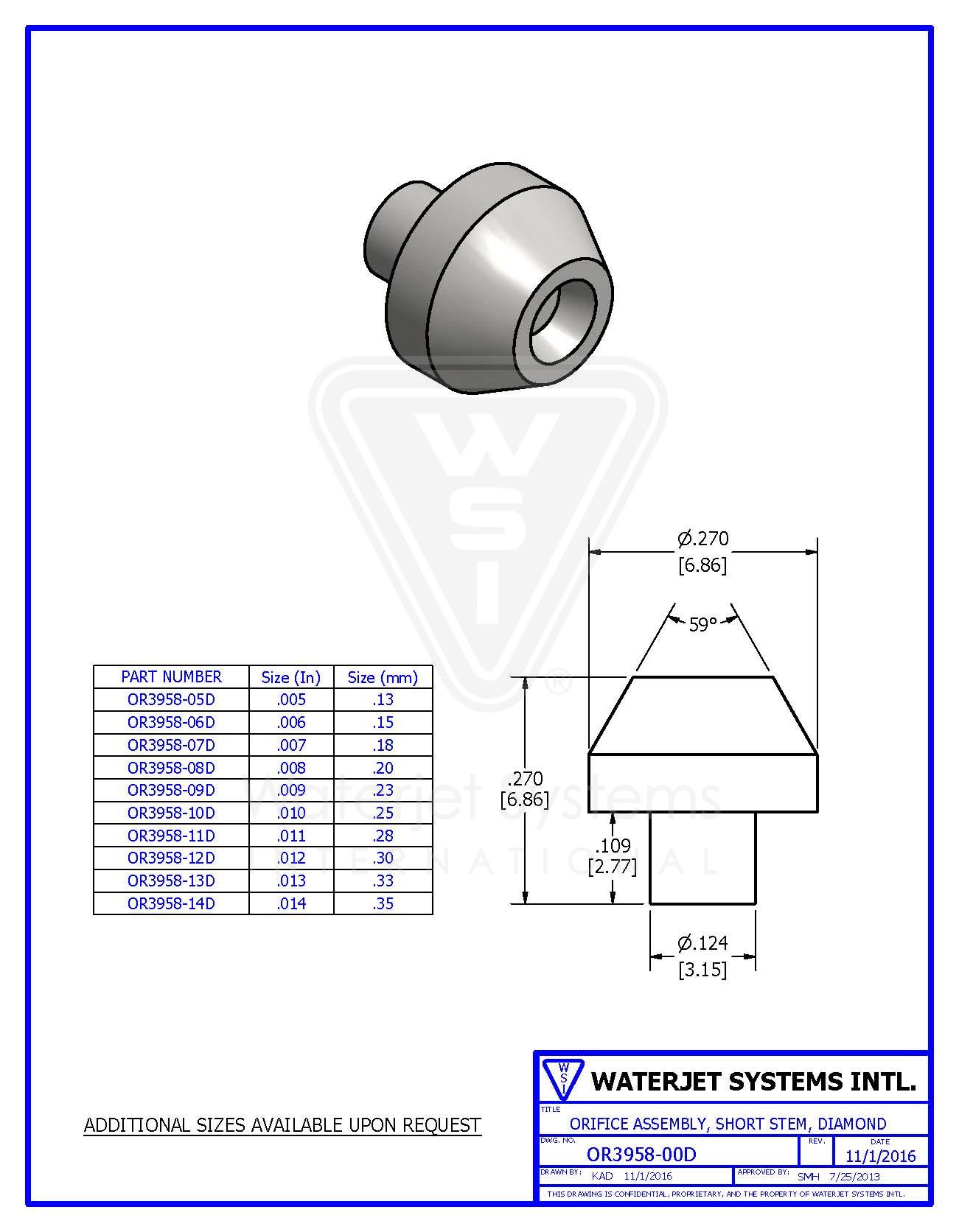 OR3958-09D Orifice Assembly, .009" / 0.23mm, Short Stem, Diamond - Image 1
